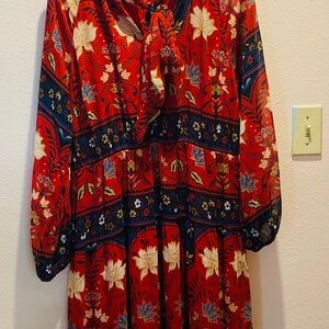 LOFT Red Floral Long Sleeve Dress